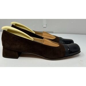Vintage Salvatore Ferragamo Pumps Womens US 10.5  Brown Black Suede Block Heel